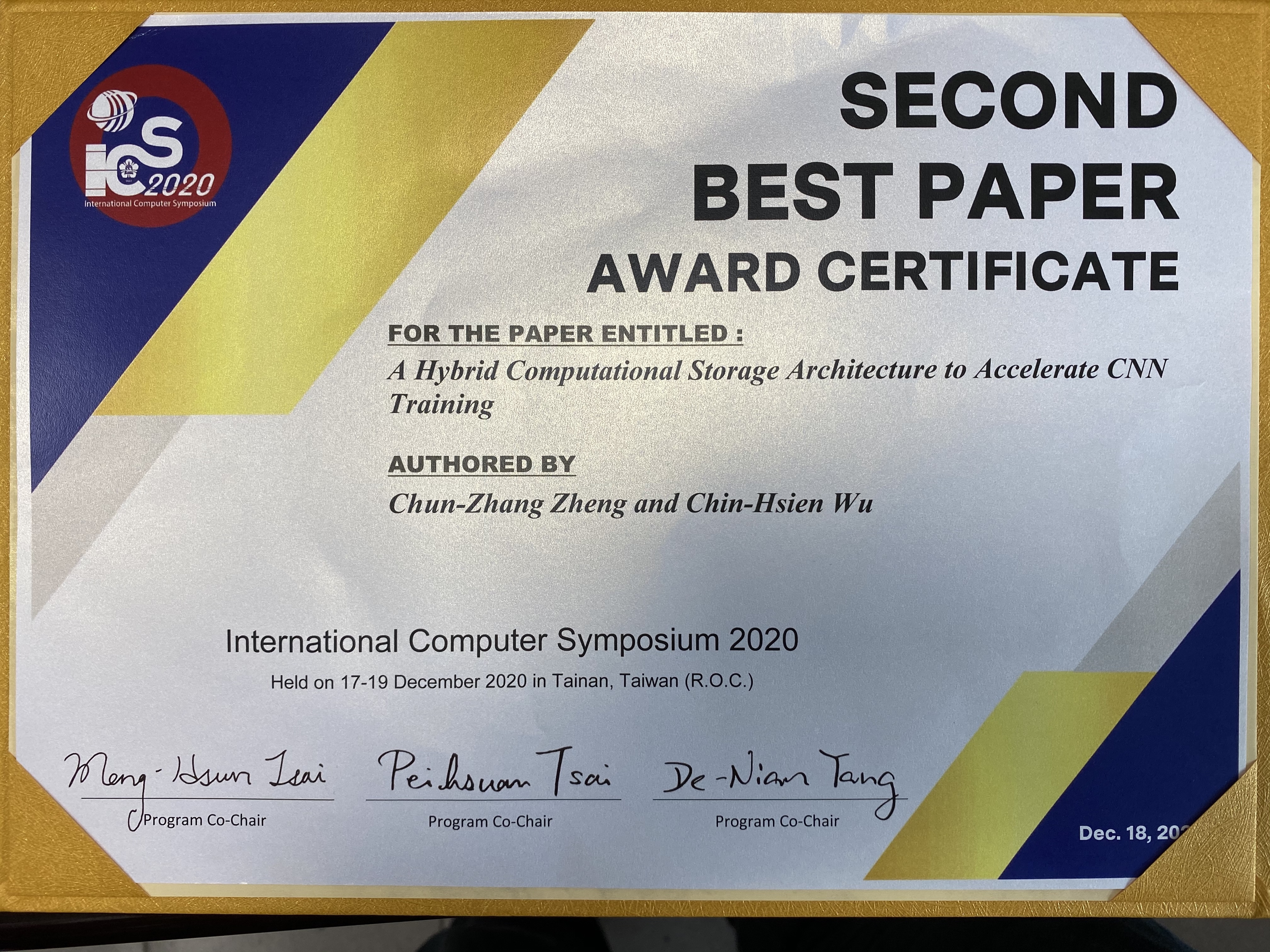 賀！本系吳晋賢老師與鄭春章同學榮獲2020年International Computer Symposium的The Second Best Paper Award。   